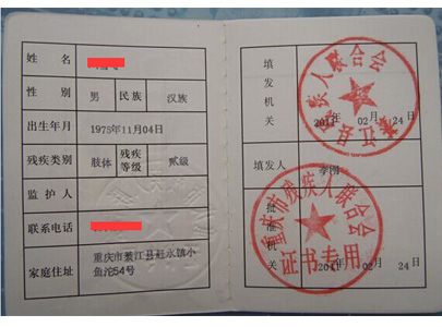 中华人民共和国残疾人证（内页）